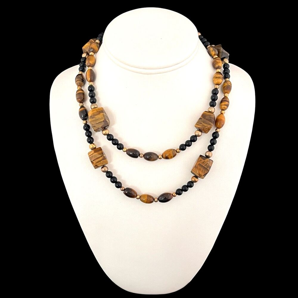 Contemporary Tiger's Eye Black Bead Long Necklace 36 Inch - 7F